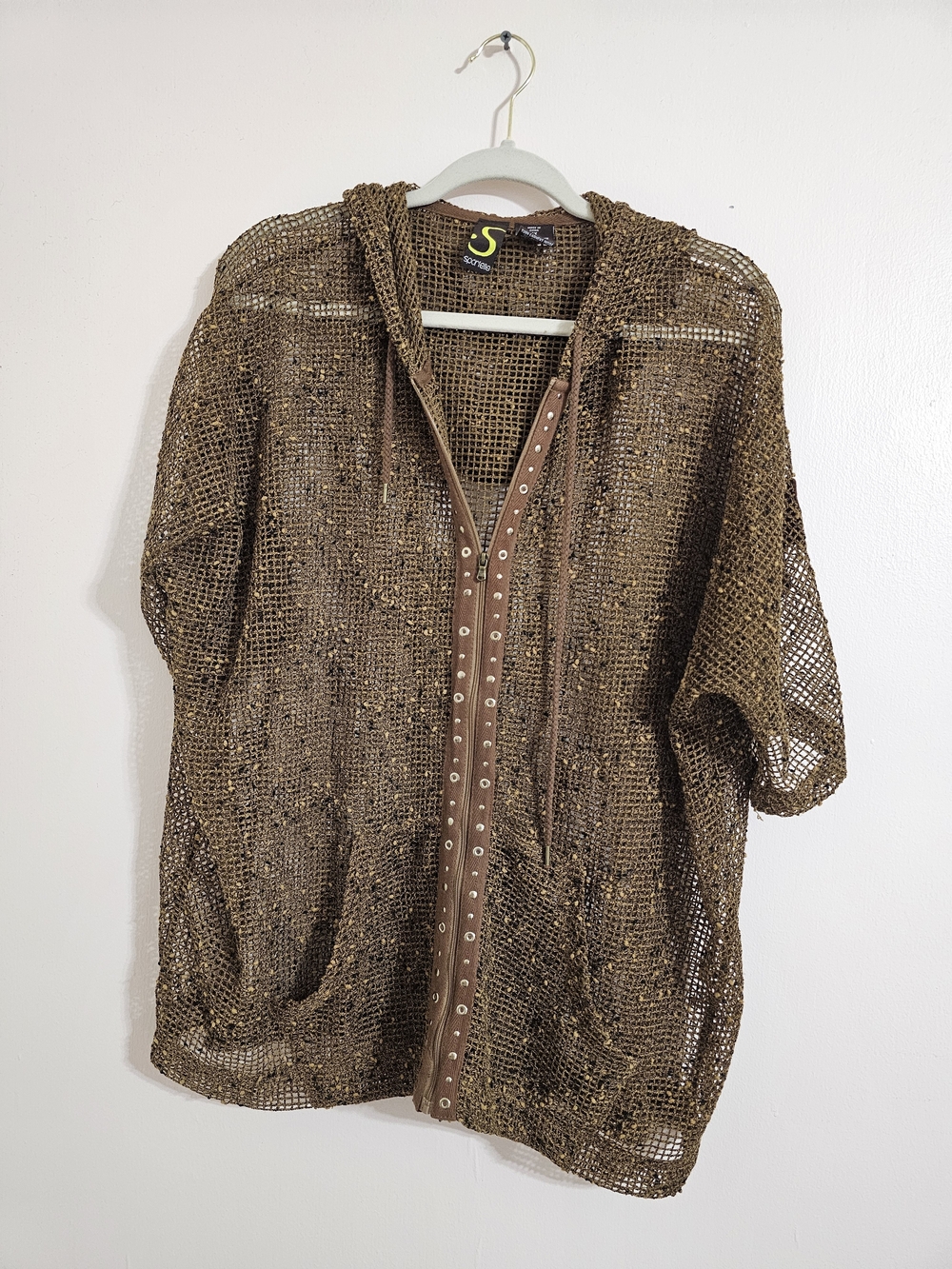 Sportelle 2X Brown Open-Weave Hooded Zip Jacket Beach Coverup Mesh